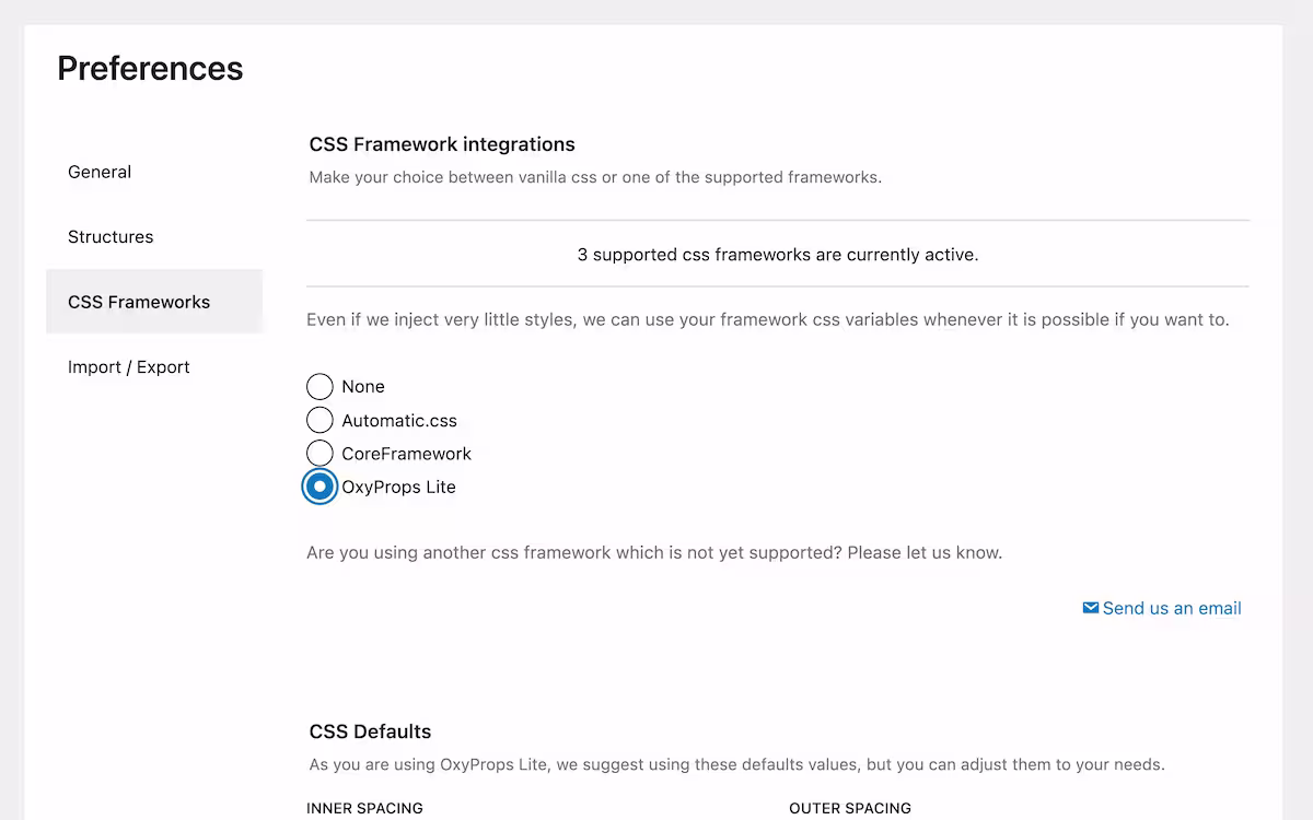 the css framework selection option with a choice between the installed supportted frameworks